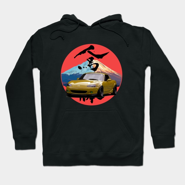 Yellow Mazda Miata/MX-5 - Mount Fuji Jinba Ittai Roadster Life Hoodie by mudfleap